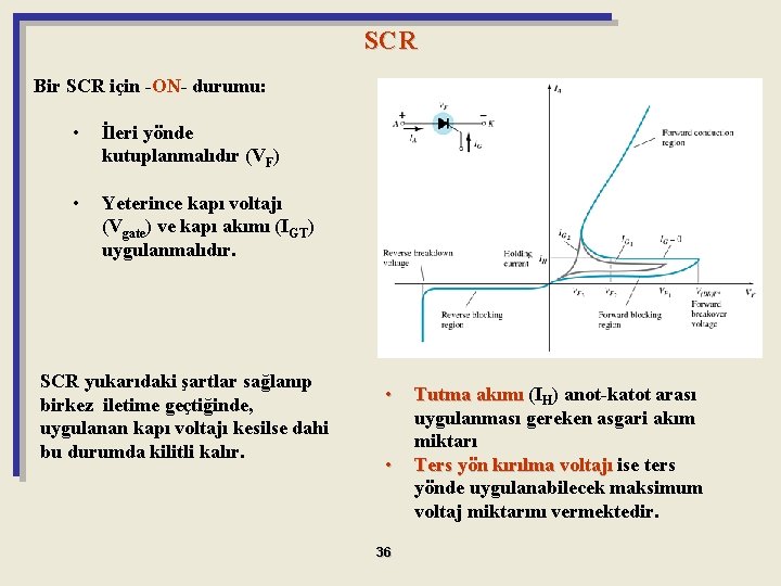 SCR Bir SCR için -ONON durumu: • İleri yönde kutuplanmalıdır (VF) • Yeterince kapı