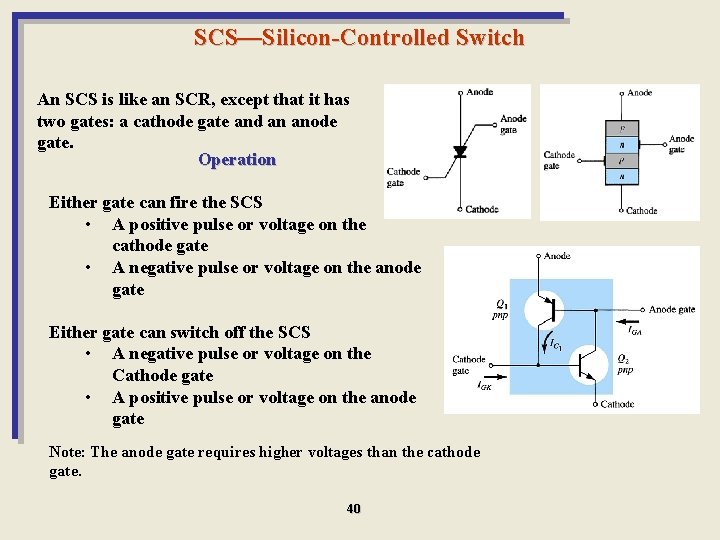 SCS—Silicon-Controlled Switch An SCS is like an SCR, except that it has two gates: