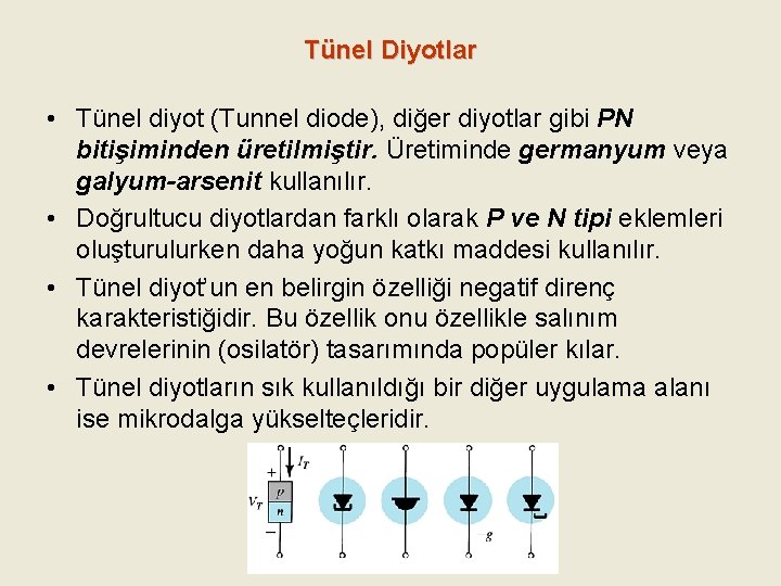 Tünel Diyotlar • Tünel diyot (Tunnel diode), diğer diyotlar gibi PN bitişiminden üretilmiştir. Üretiminde