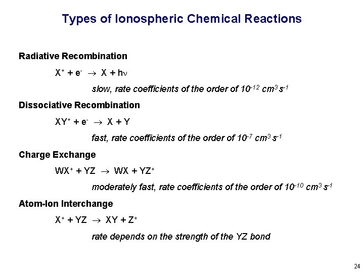 Types of Ionospheric Chemical Reactions Radiative Recombination X+ + e- X + hn slow,