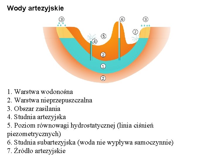 Wody artezyjskie 1. Warstwa wodonośna 2. Warstwa nieprzepuszczalna 3. Obszar zasilania 4. Studnia artezyjska