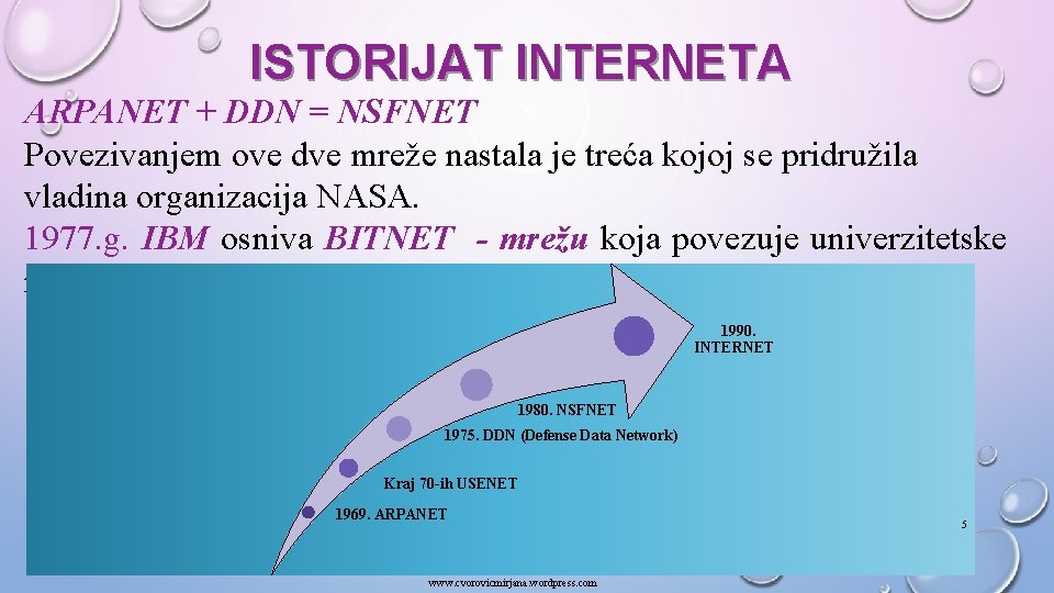 ISTORIJAT INTERNETA ARPANET + DDN = NSFNET Povezivanjem ove dve mreže nastala je treća