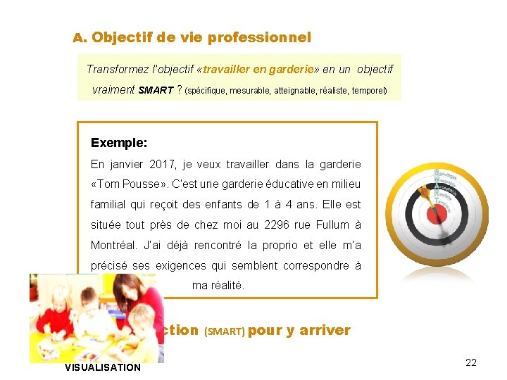 A. Objectif de vie professionnel Transformez l’objectif «travailler en garderie» en un objectif vraiment