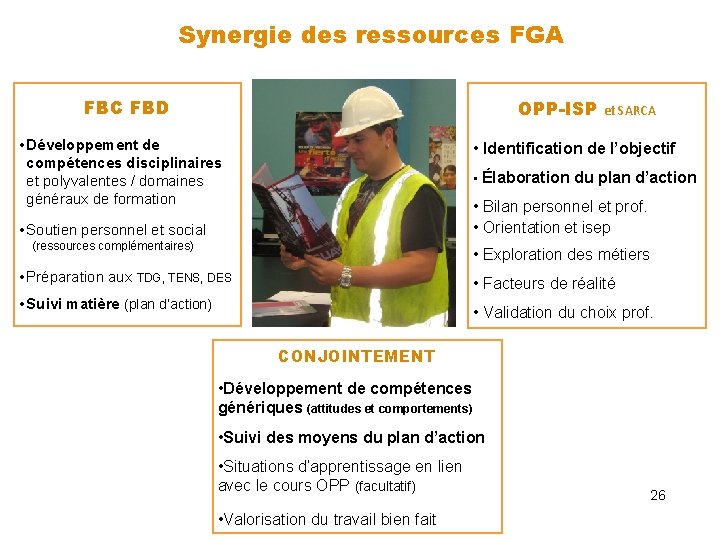 Synergie des ressources FGA FBC FBD OPP-ISP • Développement de compétences disciplinaires et polyvalentes