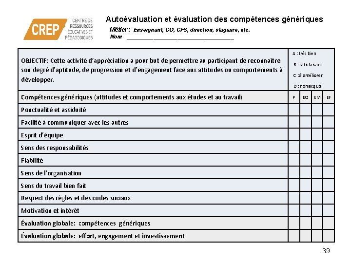 Autoévaluation et évaluation des compétences génériques Métier : Enseignant, CO, CFS, direction, stagiaire, etc.
