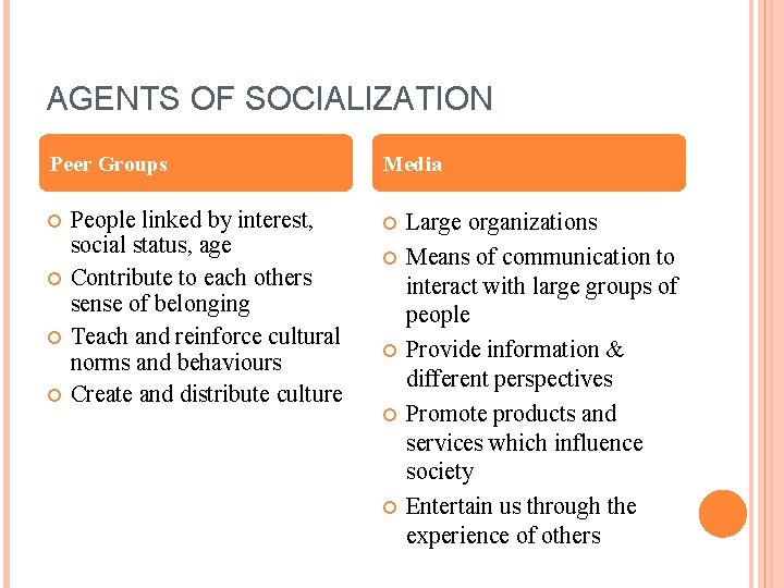 AGENTS OF SOCIALIZATION Peer Groups People linked by interest, social status, age Contribute to