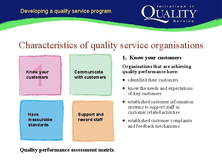 Developing a quality service program Characteristics of quality service organisations 1 Know your customers