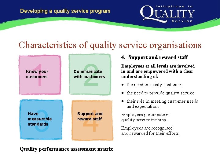 Developing a quality service program Characteristics of quality service organisations 1 3 Know your