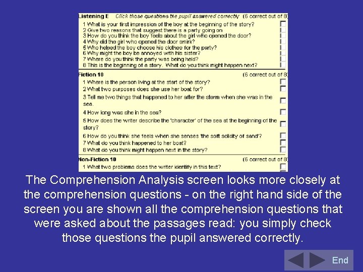 The Comprehension Analysis screen looks more closely at the comprehension questions - on the