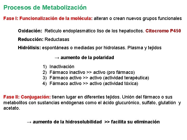 Procesos de Metabolización Fase I: Funcionalización de la molécula: alteran o crean nuevos grupos Procesos de Metabolización Fase I: Funcionalización de la molécula: alteran o crean nuevos grupos