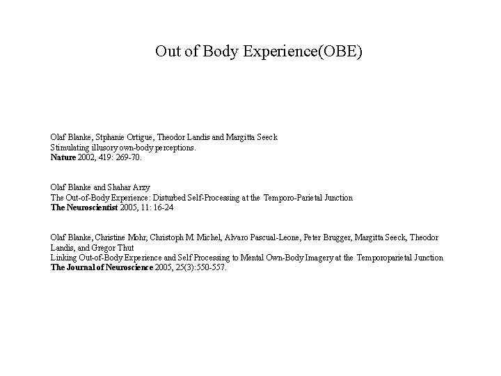 Out of Body Experience(OBE) Olaf Blanke, Stphanie Ortigue, Theodor Landis and Margitta Seeck Stimulating