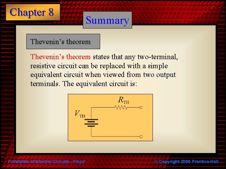 Chapter 8 Summary Thevenin’s theorem states that any two-terminal, resistive circuit can be replaced