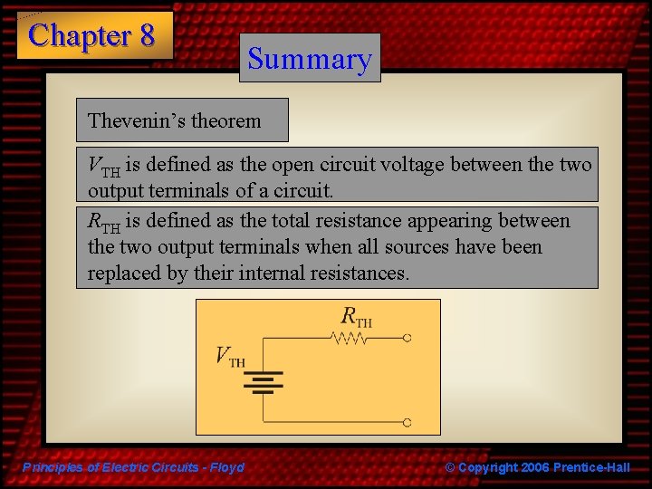 Chapter 8 Summary Thevenin’s theorem VTH is defined as the open circuit voltage between