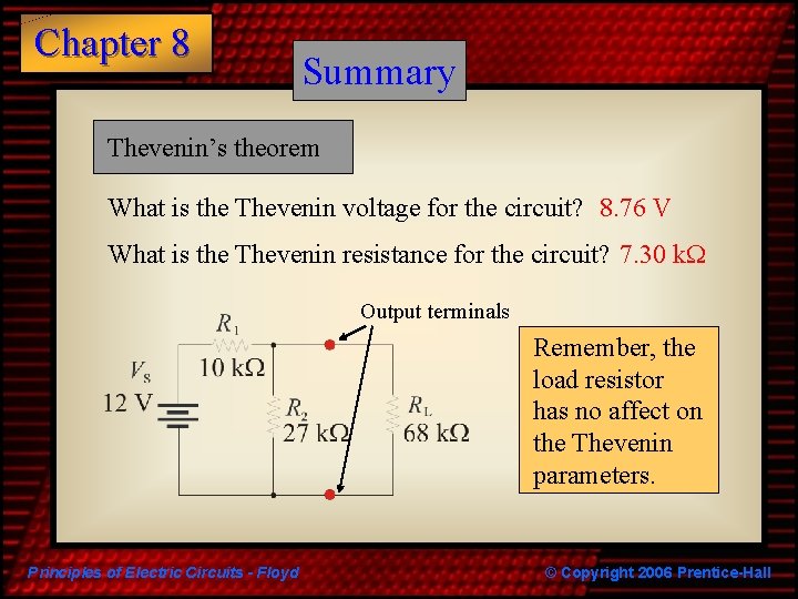 Chapter 8 Summary Thevenin’s theorem What is the Thevenin voltage for the circuit? 8.