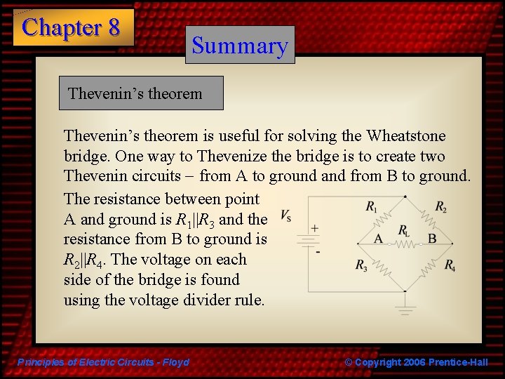 Chapter 8 Summary Thevenin’s theorem is useful for solving the Wheatstone bridge. One way