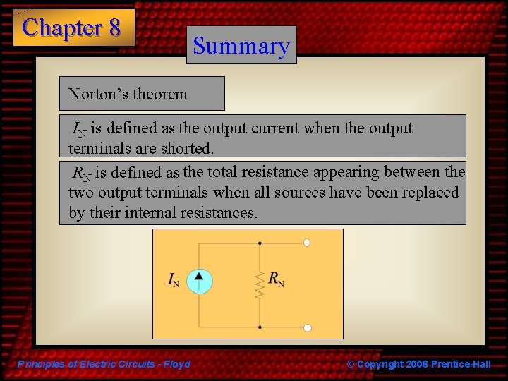 Chapter 8 Summary Norton’s theorem IN is defined as the output current when the