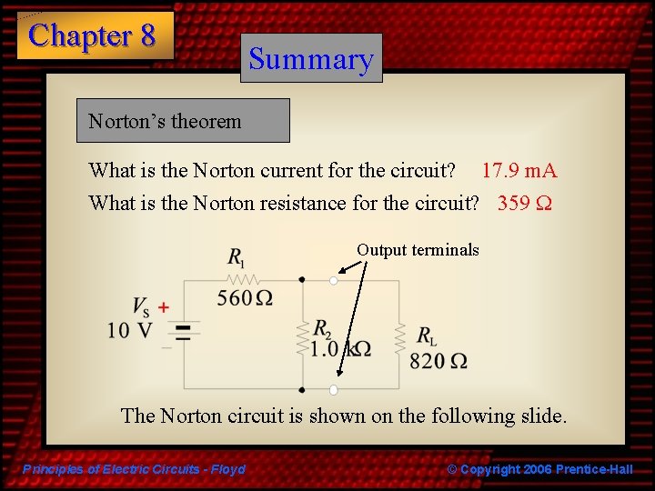 Chapter 8 Summary Norton’s theorem What is the Norton current for the circuit? 17.