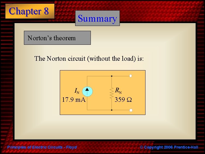 Chapter 8 Summary Norton’s theorem The Norton circuit (without the load) is: 17. 9