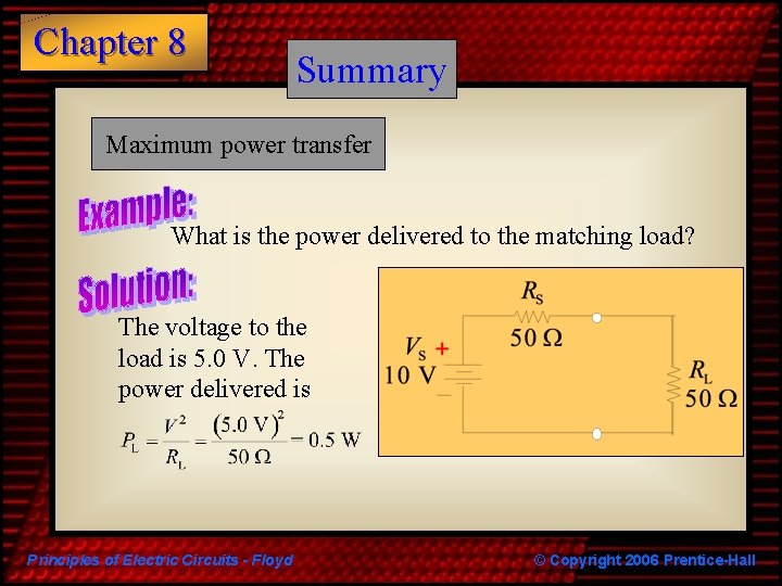 Chapter 8 Summary Maximum power transfer What is the power delivered to the matching