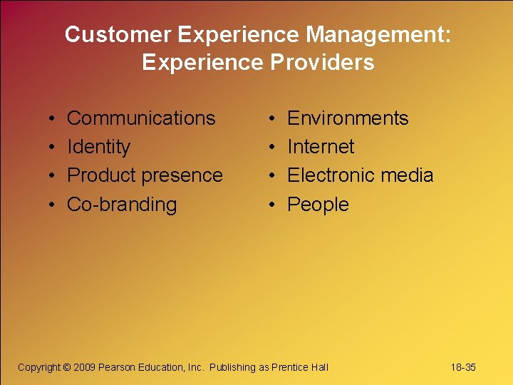 Customer Experience Management: Experience Providers • • Communications Identity Product presence Co-branding • •