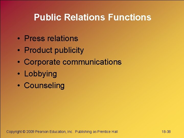 Public Relations Functions • • • Press relations Product publicity Corporate communications Lobbying Counseling