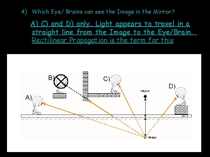 4) Which Eye/ Brains can see the Image in the Mirror? A) C) and