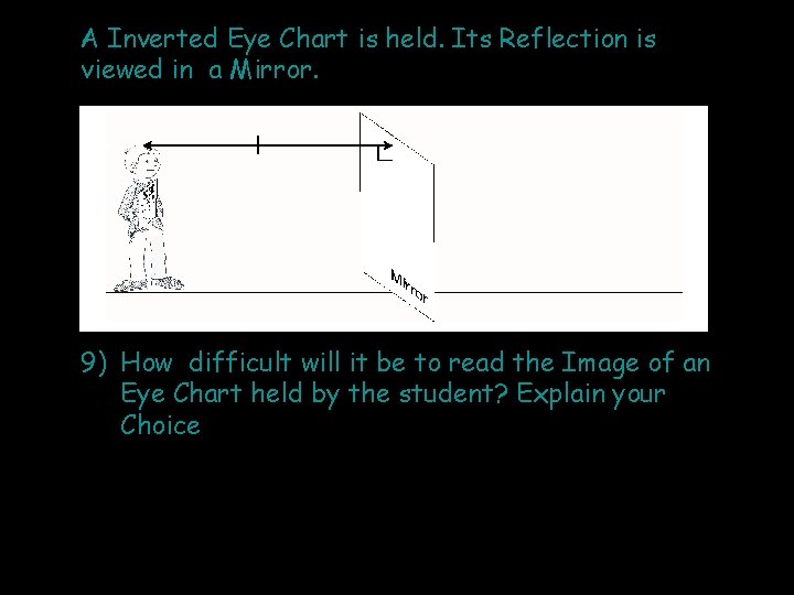 A Inverted Eye Chart is held. Its Reflection is viewed in a Mirror. 9)
