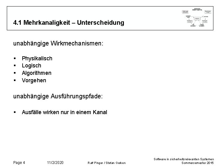 4. 1 Mehrkanaligkeit – Unterscheidung unabhängige Wirkmechanismen: § § Physikalisch Logisch Algorithmen Vorgehen unabhängige