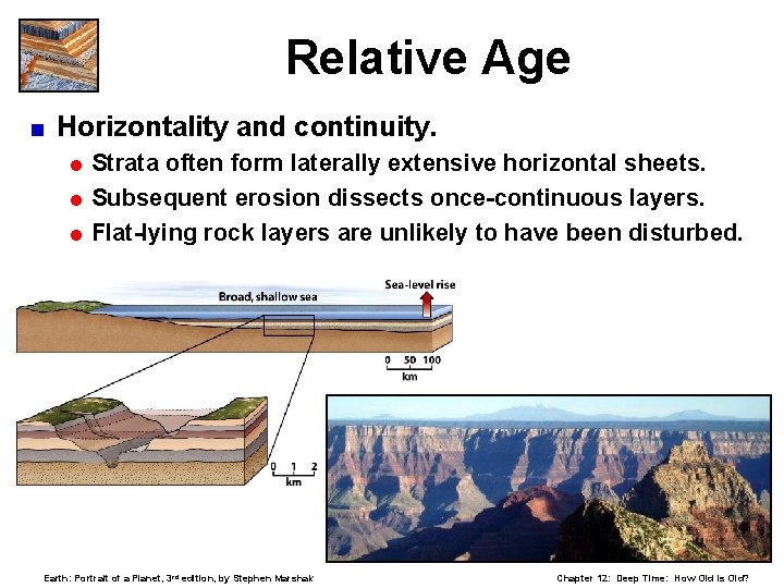 Relative Age < Horizontality and continuity. = Strata often form laterally extensive horizontal sheets.