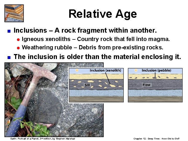 Relative Age < Inclusions – A rock fragment within another. = Igneous xenoliths –
