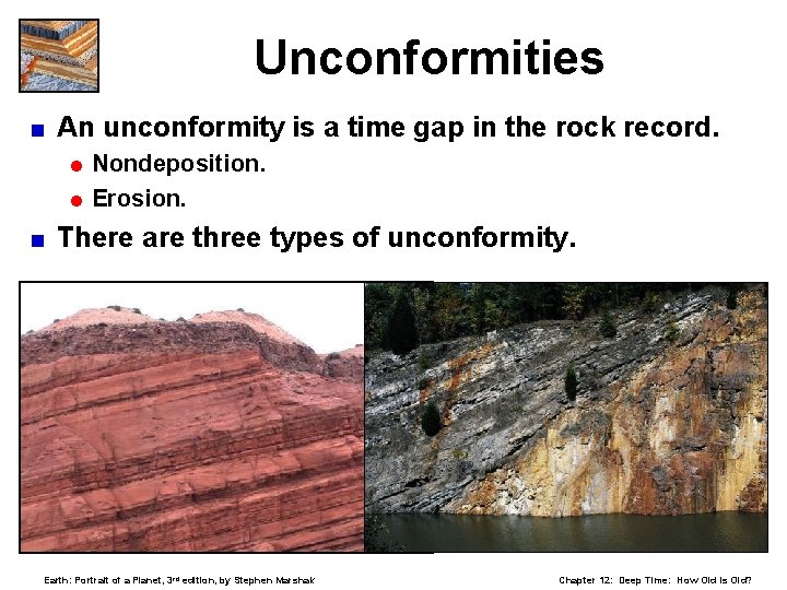 Unconformities < An unconformity is a time gap in the rock record. = Nondeposition.