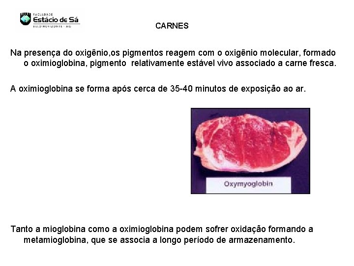 CARNES Na presença do oxigênio, os pigmentos reagem com o oxigênio molecular, formado o