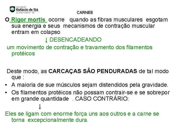 CARNES O Rigor mortis ocorre quando as fibras musculares esgotam sua energia e seus