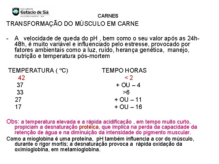 CARNES TRANSFORMAÇÃO DO MÚSCULO EM CARNE - A velocidade de queda do p. H