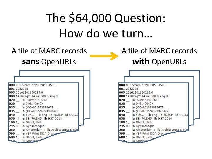 The $64, 000 Question: How do we turn… A file of MARC records sans
