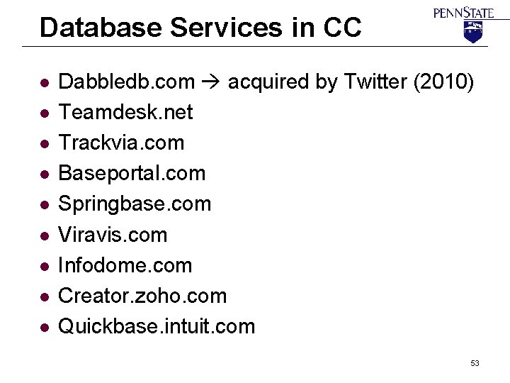 Database Services in CC l l l l l Dabbledb. com acquired by Twitter