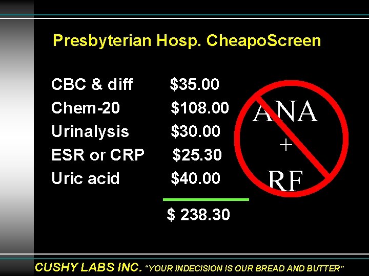 Presbyterian Hosp. Cheapo. Screen CBC & diff Chem-20 Urinalysis ESR or CRP Uric acid
