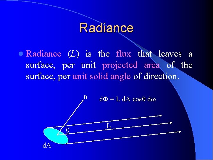 Radiance l Radiance (L) is the flux that leaves a surface, per unit projected Radiance l Radiance (L) is the flux that leaves a surface, per unit projected