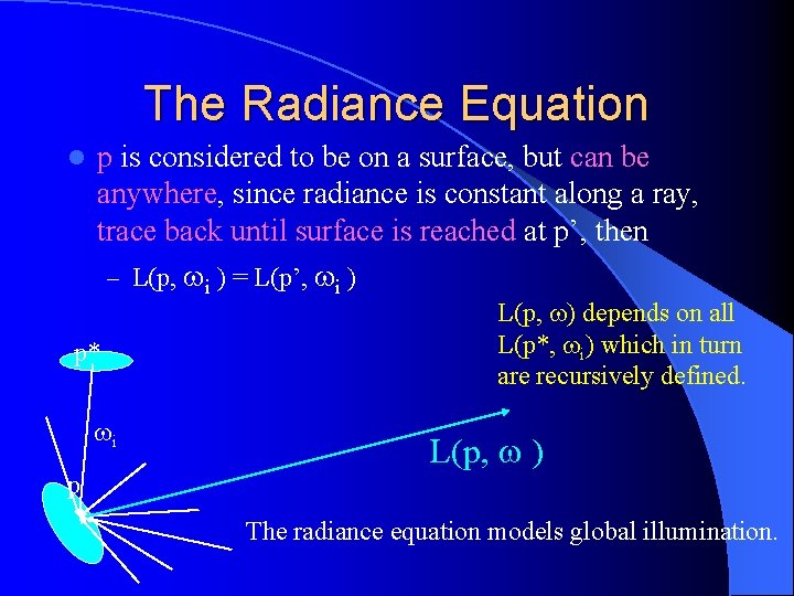 The Radiance Equation l p is considered to be on a surface, but can The Radiance Equation l p is considered to be on a surface, but can