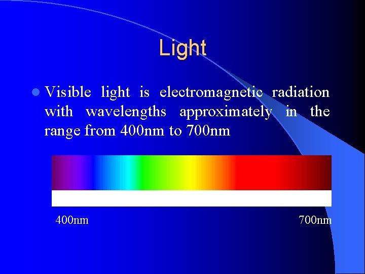 Light l Visible light is electromagnetic radiation with wavelengths approximately in the range from Light l Visible light is electromagnetic radiation with wavelengths approximately in the range from