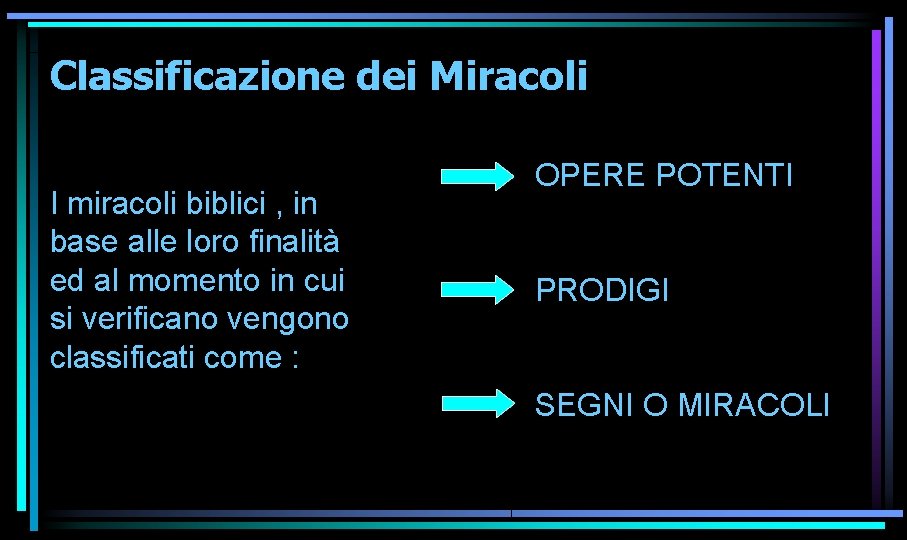 Classificazione dei Miracoli I miracoli biblici , in base alle loro finalità ed al