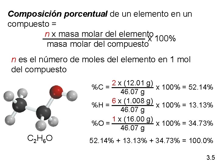 Composición porcentual de un elemento en un compuesto = n x masa molar del