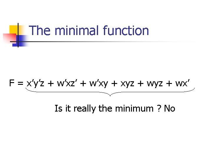 The minimal function F = x’y’z + w’xz’ + w’xy + xyz + wx’