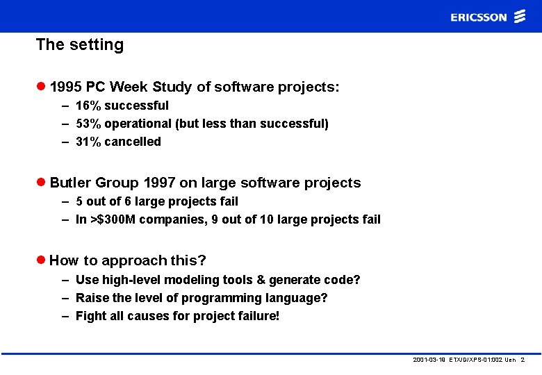 The setting l 1995 PC Week Study of software projects: – 16% successful –