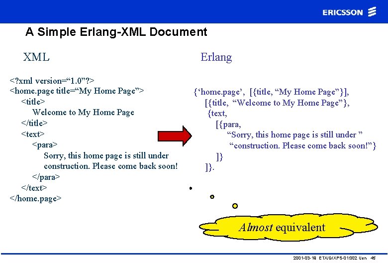 A Simple Erlang-XML Document XML <? xml version=“ 1. 0”? > <home. page title=“My
