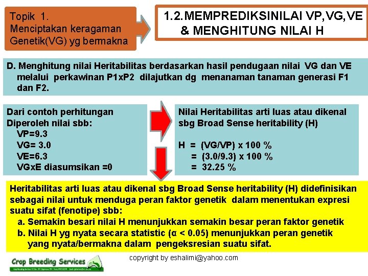 Topik 1. Menciptakan keragaman Genetik(VG) yg bermakna 1. 2. MEMPREDIKSINILAI VP, VG, VE &