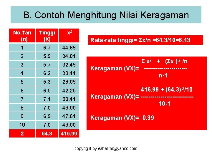 B. Contoh Menghitung Nilai Keragaman No. Tan (n) Tinggi (X) x 2 1 6.