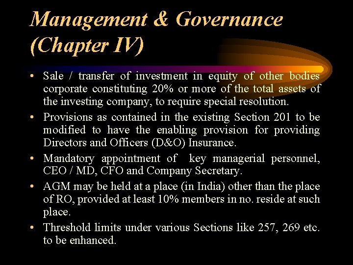 Management & Governance (Chapter IV) • Sale / transfer of investment in equity of