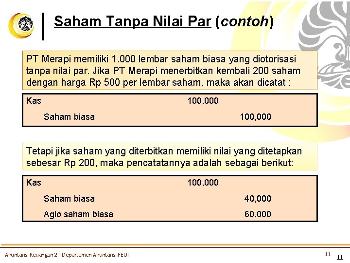 Saham Tanpa Nilai Par (contoh) PT Merapi memiliki 1. 000 lembar saham biasa yang