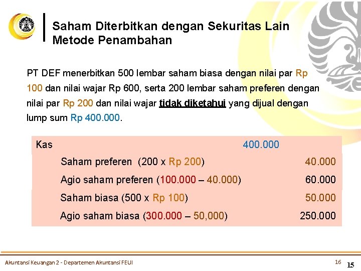 Saham Diterbitkan dengan Sekuritas Lain Metode Penambahan PT DEF menerbitkan 500 lembar saham biasa